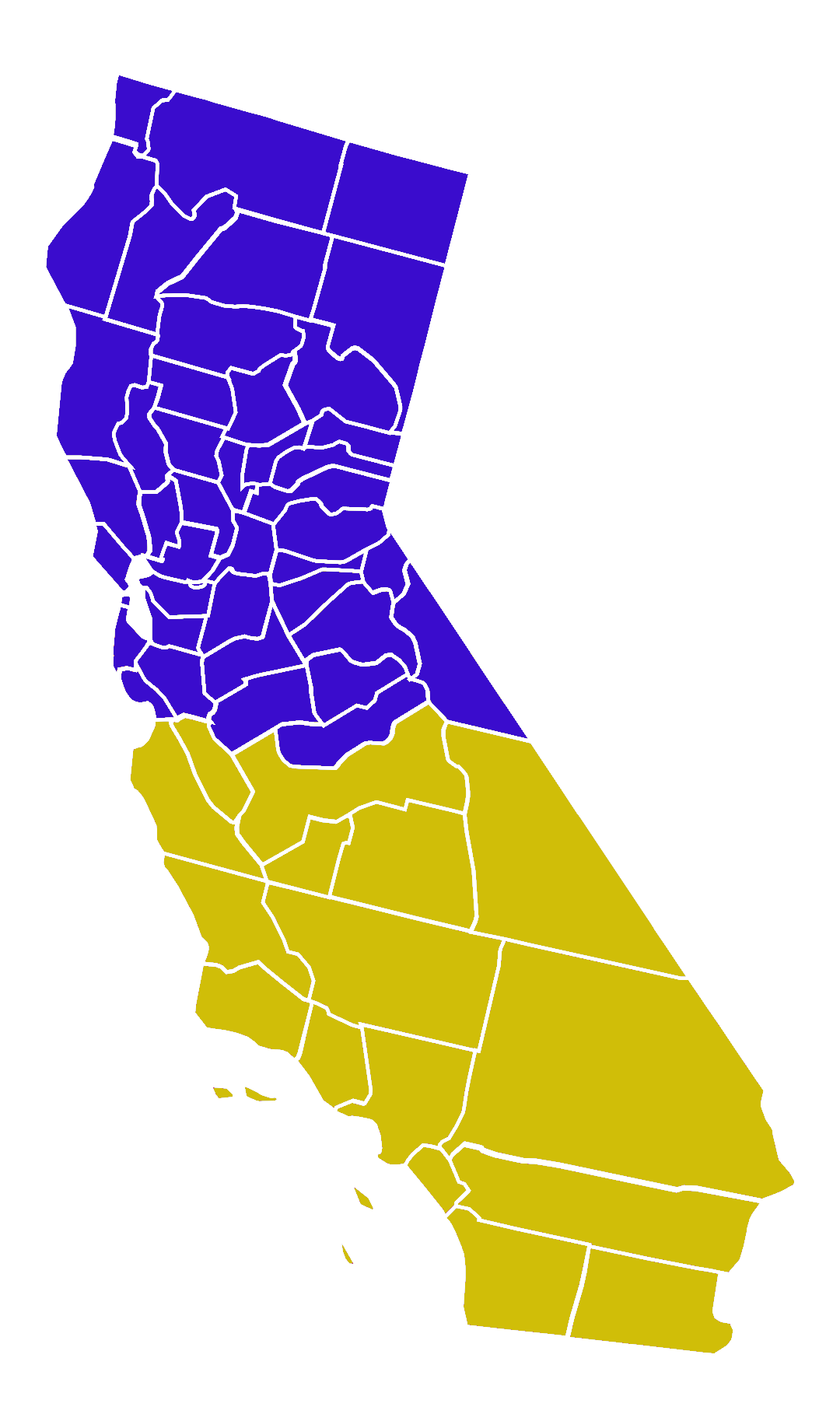 Color-coded region of California specifically for sorting buses